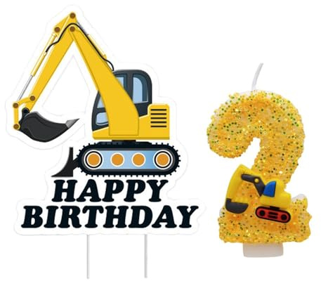 1 Stück Zahl-2-Kerzen Und 1 Stück Cartoon-Engineering-Fahrzeug-Einlegeplatte, Kinderkuchendekorationen, Kreative Kuchendekorationen, Geburtstagsdekorationen