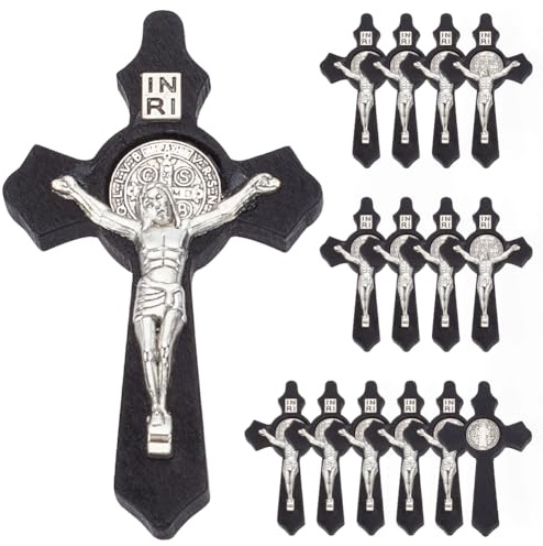WEBEEDY 15 PCS Wooden Crucifix Christian Jesus Wall Cross Hand Carved Wood Holding Hand Crosses Small Cross Pendant for DIY Necklace Bracelet Jewelry Accessories Easter Gift(Black,3.5X5.9cm)