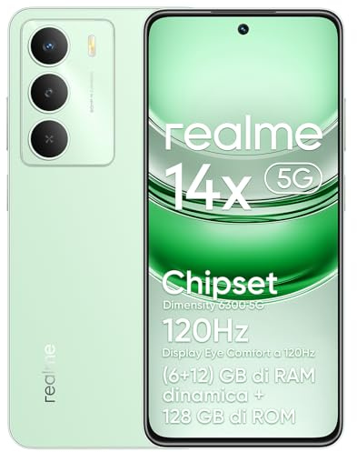 realme 14x 5G Smartphone (6+12)GB Dynamic RAM 128GB ROM, Display Eye Comfort 120Hz, Fotocamera da 50MP, Batteria da 5000mAh, Resistenza agli urti di livello militare,Octa-core,Verde (senza adattatore)