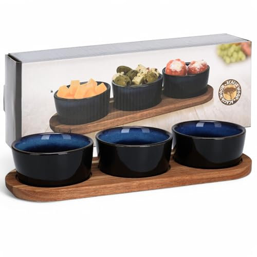 MIJOMA Servierset – 4-teiliges Schalen-Set mit Holzbrett – Keramik-Dip-Schalen auf Akazienholz-Tablett – für Snacks, Dips & Tapas (blau, länglich (29 x 10 cm))