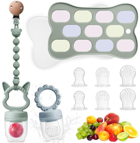 Beeoecm Chupete Fruta Bebé, 2 Piezas Chupete de Frutas de Silicona a Partir de 6 Meses con Bandeja del Congelador, Cadena para Chupete y 6 Chupetes de Silicona en 3 Tamaños para Niños (Verde)