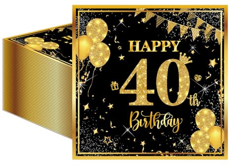50 Stück Servietten zum 40. Birthday 33x33 cm Gold Schwarz Servietten Milestone 40 Dekorative Servietten mit Ballondruck Papier Taschentücher Taschentücher