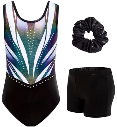 JiAmy Turnanzug Mädchen Ärmellos, Kinder Glitzer Gymnastik Turnanzug Leotard mit Shorts und Haarband, Gymnastikanzug Turnbody Ballett Tanzender Ballettanzug für 3-12 Jahre