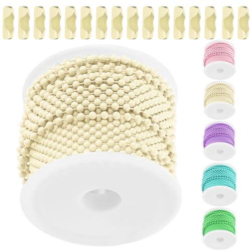 Swpeet 1 Rolls 5m/16.4ft × 2.4mm White Plated Ball Beaded Chains with 50 Connector Clasps Kit, Metal Bead Chain, Necklace Chains, Metal Pull Chain Roll Spool Ball for Hanging Keychain Dog Tags DIY