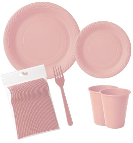 ecodrinks - Set Forchette, Piatti e Bicchieri per Feste di Compleanno, Catering ed Eventi - Resistenti, Durevoli e Riutilizzabili - Eco-friendly - in Polipropilene (Rosa, 250 pezzi)