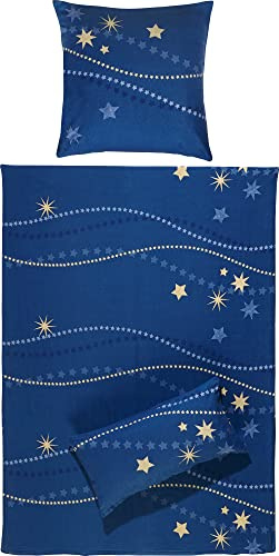REDBEST Bettwäsche, Bettbezug, Kissenbezug Flanell Sterne blau Größe 80x80 cm / 155x200 cm - für kalte Winternächte, temperaturausgleichend, pflegeleicht, mit praktischem Reißverschluss