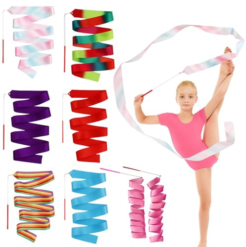 PDirat ﻿7 Stück tanzband mit stab Kinder,2m Gymnastikgurt mit Stäbchen,Gymnastikgurt für Rhythmus, Tanzgurt für Kinder, Jugendliche und Erwachsene, ideal für Tanzvorführungen, Kindertanz und Training