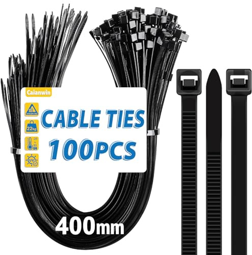 Caianwin 100 Stück Kabelbinder 4,8 mm x 400 mm, Zugfestigkeit Bis Zu 22 KG, Nylon Kabelbinder Schwarz für Industrie, Gartenbau, Kabelindustrie