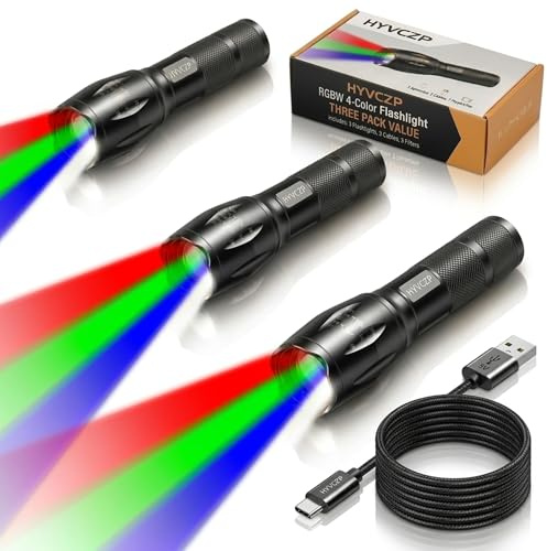 HYVCZP 3 Stück mehrfarbige 4-in-1-LED-Taschenlampe, rot, grün, blau, weiß, fokussierbar, wiederaufladbar, 4 Leuchtmodi, wasserdichte Taschenlampe für Angeln, Camping, Wandern