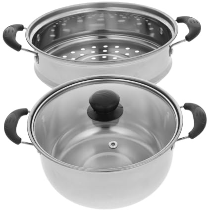 Edelstahl Kochtopf mit Dampfeinsatz, Tiefer Küchentopf | Edelstahl, Silber, Leicht zu Reinigen, für Herdarten, Praktischer Dampfgarer mit Deckel