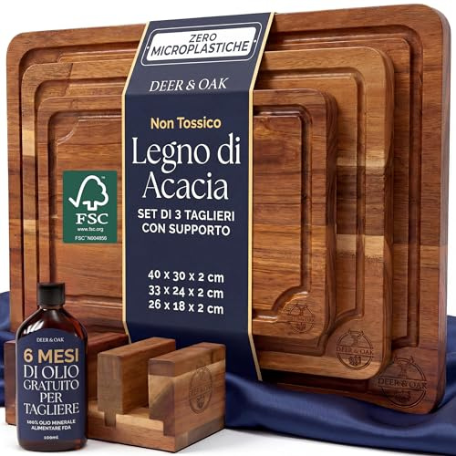 Pre-Oiled, Non Toxic 3-Piece Acacia Cutting Board Set with Stand, FSC Certified Wooden Chopping Boards, Includes 3.4 fl oz Chopping Board Oil, 3 Wood Carving Boards for Home, BBQ Kitchen, Deer & Oak