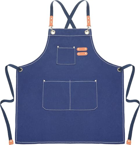 Liutufy Canvas Apron for Men Women Heavy Duty Chef Apron Adjustable | Cross Back Straps 3 Large Pockets Durable for Kitchen Cooking Baking BBQ Artwork Gardening