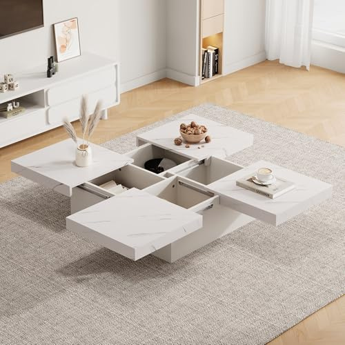 A ALFRESCOOL Tavolino quadrato in marmo, tavolino da caffè, tavolino da caffè con quattro cassetti, tavolo scorrevole, portata fino a 30 kg, 90 x 90 x 25 cm (bianco)