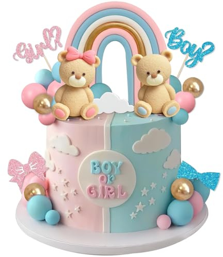 UFROMSKY 38Pcs Bear Cake Topper Gender Reveal Rainbow Cake Decorations with Cute Bears Pearl Balls Rainbow Cloud Cake Pick for Boy Girl Baby Shower Gender Reveal Party Supplies