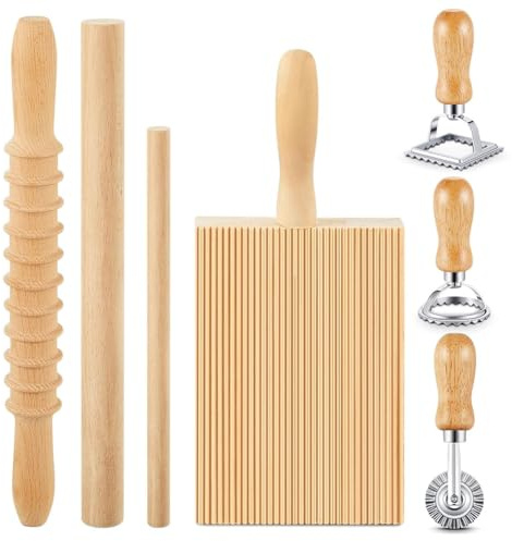 Aboiledy 7 Pcs Pasta Making Tool Set, Wood Gnocchi Board with Ravioli Stamp Cutters and Rolling Pin, Pasta Maker Ravioli Mold Set for Baking Lovers and Kitchen DIY Gift