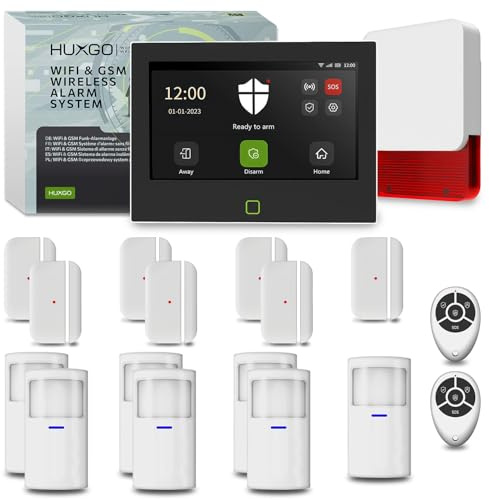HUXGO® Alarmanlage Funk Set WLAN + GSM 4G | Alarm Kit mit Funk Alarmirene 7X PIR-Sensoren, 7X Tür- & Fenstersensoren | DIY-Montage, ideal für Haus, Wohnmobil, Garage | Modell HXA700