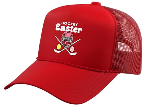 Easter Ice Hockey Helmet Stick Eggs Sports Men Boys Kids Trucker Hat with Adjustable Mesh Back, Red