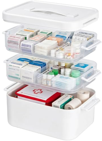 Medicine Storage Box, 3-Layer First Aid Box with Compartments, Portable Multipurpose Storage Box Organiser, Emergency Medical Storage Kit for Family, for Home Office Car Travel - White (Medium Size)