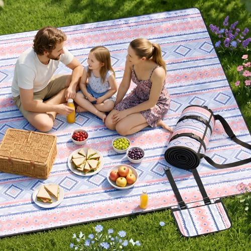 Wolfwise Telo Picnic Impermeabile, Stuoia Campeggio 200x200 cm Pieghevole con Cinghie Regolabili e Tracolla, Picnic Blanket per Giardino, Prato, Spiaggia, Viaggi e Escursioni, Blu