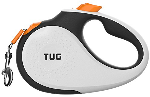 TUG 360° Tangle-Free Retractable Dog Lead for Up to 25 kg Dogs | 5 m Strong Nylon Tape | One-Handed Brake, Pause, Lock (Medium, White/Orange)