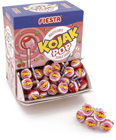 FIESTA Kojak Lolipop Caramelo con Palo Sabor Cereza Relleno de Masticable de Fresa - Caja de 100 unidades