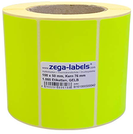Thermotransfer Etiketten GELB auf Rolle - 100 x 50 mm - 1.000 Stück je Rolle - Kern: 76 mm - Papier Leuchtgelb - permanent haftend - Druckverfahren: Thermotransfer (Drucken mit Farbband)