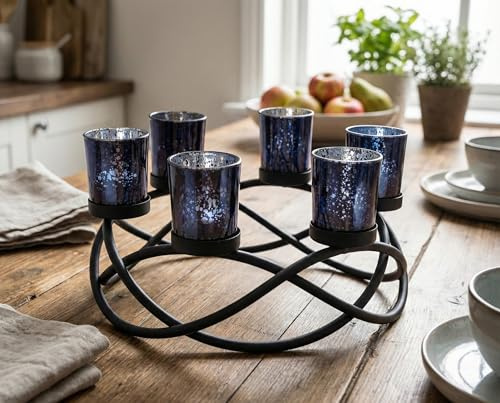 Seraphic Iron Round Table Decor Centerpiece Decorations Candle Holder for Weddings, Patio, Kitchen, Dining Room, and Coffee Tables, Glass Votive Tealight Holders, Black, 6 Black Cups | Spooky Witchy Dining Decor, Round Wrought Iron Candle Holder, 6 Votive Cups, Coffee & Kitchen Centerpiece, 10.5in Round