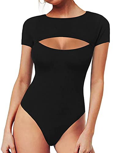 MANGOPOP Womens Short Sleeve Bodysuit Front Cutout Sexy T-shirt Body Suits (Black, Large)