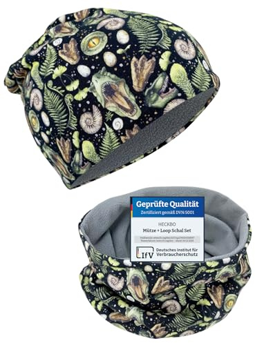 HECKBO Kinder Beanie & Loop Schal Set - mit Vlies oder Jersey - unisex Mädchen Jungen - 95% Baumwolle - Herbst Frühling Winter