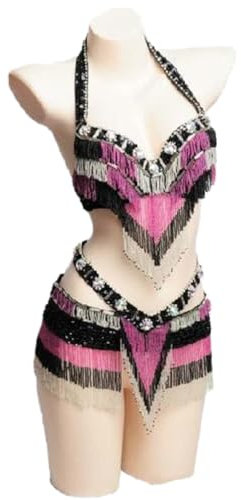 Tzdd Bauchtanz Outfits Für Damen Bauchtanz Professionelle Leistung Kleidung Halloween Tanzkostüme Mit Perlenfransen Set Aus Bauchtanz BH Und Gürtel,Schwarz,M