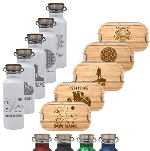 Generisch Brotdose mit Fächern und Trinkflasche 500ml mit Namen personalisiert, Brotzeitbox und Isolierflasche für Kinder und Erwachsene (WEISS)