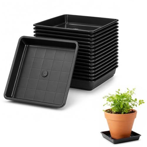 Operitacx 12 Stück Blumentopf Untersetzer Eckig 15 cm, Quadratische Pflanzenuntersetzer aus Kunststoff, Schwarze Pflanzentopf Untersetzer für Zimmerpflanzen, Sukkulenten, Balkon, Fensterbank und Tisch