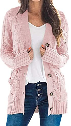 Alloaone Cardigan stickad tröja dam långärmad tröja stickad tröja jacka, Rosa, S