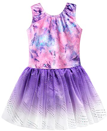 XiaoMoSha Ballettkleidung Mädchen Ballettkleid Turnanzug Kurzarm/Langarm Balletttrikot Ballettanzug Mädchen Tanzkleid mit Chiffon-Rock, Kosmisches Lila, 4-5 Jahre