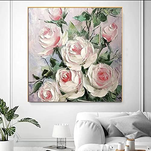 Ölbilder Auf Leinwand Handgemalt, Moderne Rosa Rose Blume Blätter Pflanze Abstraktes Kunstwerk Rahmenlos Original Handgemalte Ölgemälde Auf Leinwand Wandkunst Für Wohnzimmer Schlafzimmer Büro