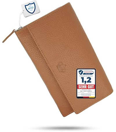Baur XXL Damen Geldbörse – Echtes Leder mit RFID-Schutz – Extra großes Portemonnaie mit 18 Kartenfächern – Druckknopfverschluss & Münzfach mit Reißverschluss (Cognac)