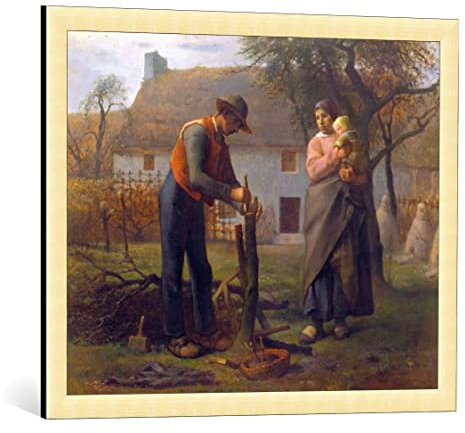 kunst für alle Bild mit Bilder-Rahmen: Jean-François Millet Bauer beim Propfen eines Baumes - dekorativer Kunstdruck, hochwertig gerahmt, 75x60 cm, Gold gebürstet