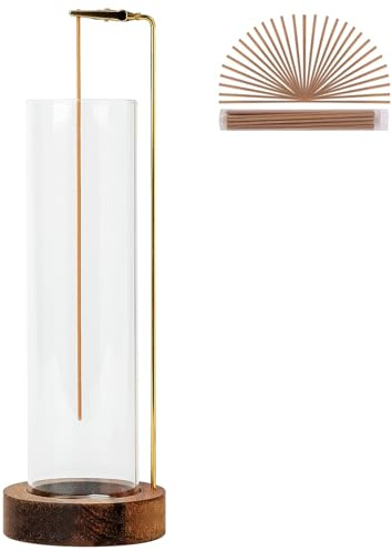 Incense Holder for Sticks, Anti-Ash Flying Incense Burner with 30 Incense Sticks, Detachable Glass Ash Catcher (Wood, Brown)