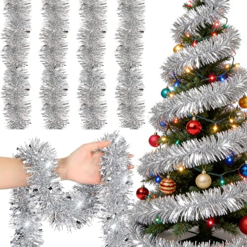 4X Lametta Girlande Silber – 8m Glitzer Set (4 x 2m) Weich & Stabil. Funkelnde Weihnachtsbaum Girlan-de für Tannenbaum, Treppe & Tür. Christbaum Girlan-de Deko, Flexibel & Wiederverwendbar (Silber)