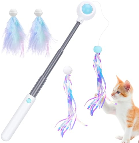 Hysagtek Katzenangel Interaktives katzenspielzeug Teaser mit Skalierbar Stangen, Feder und Quasten Ersatz mit Glocken Selbstbeschäftigung Versenkbare Cat Toys für Kätzchen, 5 Stück