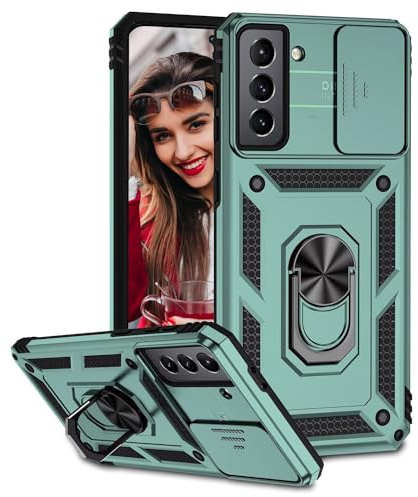 POUHYE Mobilskal för Samsung Galaxy S21 FE 5G Fodral, [Skydd för skjutkameran] Stötsäkert utomhusfodral i militärklass case med 360° magnetisk ringhållare, robust och tåligt telefonskydd Mörkgrön