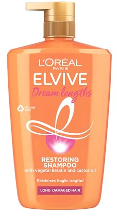 L’Oréal Paris Shampoo For Long Damaged Hair And Hair Growth Goals, Elvive Dream Lengths XL Formula Enriched With Castor Oil, Vegetal Keratin And Vitamins, Prevent Breakage And Nourish Hair Fibre, 1L