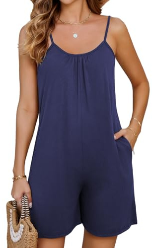 Niwicee Salopette courte pour femme Pantalon de travail d'été ample - Salopette sans manches avec grandes poches Avec Poches Shorts et Bermudas Femme D'Été-Bleu foncé-L