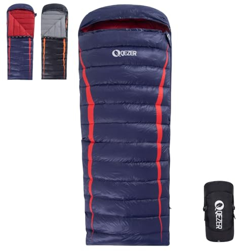 QEZER Daunenschlafsack, Winterschlafsack, 600FP+ Premium-Daunen, 12°C bis -24°C, leicht und warm für 3-4 Jahreszeiten, Camping, Wandern und Outdoor-Trekking (Dunkelblau/Rot 8℃)