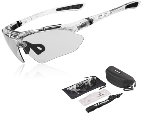 ROCKBROS Fahrradbrille Selbsttönend Brille Sonnenbrille Herren/Damen UV 400 mit Kopfband für Brillenträger Outdoorsport Laufen MTB Transparent