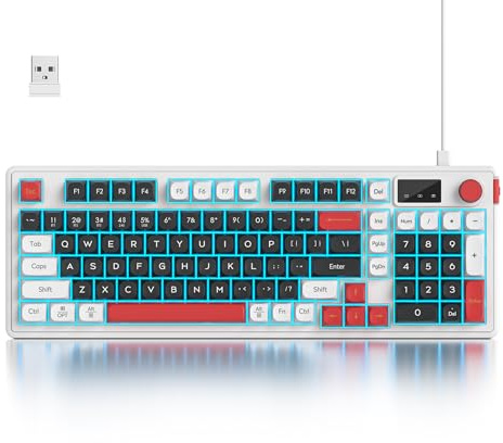 Fogruaden Teclado inalámbrico silencioso para juegos con teclado numérico y perilla, sensación mecánica, resistente a derrames, teclas multimedia, cableado/BT/2.4G, teclado de computadora de membrana