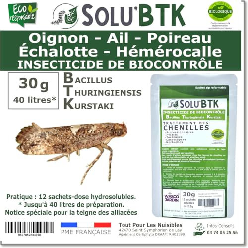 SoluBTK - Oignon, Ail, Poireau, Échalotte, Hémérocalle 30 gr Bacillus thuringiensis - Insecticide Utilisable en Agriculture Biologique