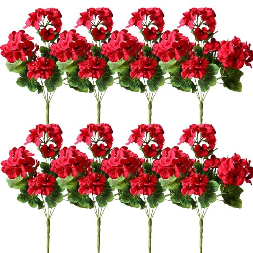 Künstliche Seidenblumen für den Außenbereich, UV-beständig, kein Verblassen, künstliche Geranien, rote Blumen, Grünpflanzen für Fenster, Kasten, Topf, Veranda, Garten, Terrasse, Hof, 8 Bündel