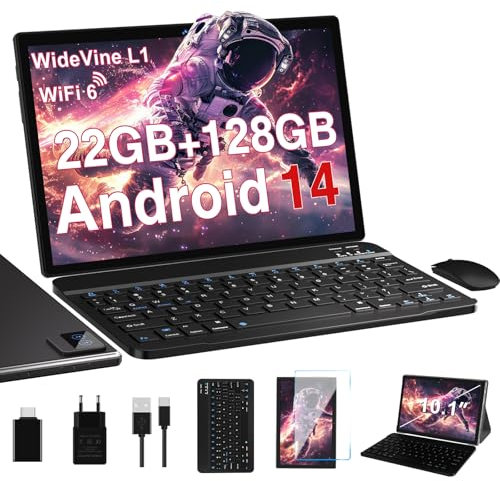 BIEGEDY Tablet Android Tablet 10 Pulgadas,22GB RAM + 128GB ROM (TF 2TB), 5G+2.4G Dual Band WiFi 6, Widevine L1 / 8000mAh / Octa-Core 2.0 GHz/GMS / 5MP+8MP / BT5.0 / GPS, con Teclado y Raton Negro