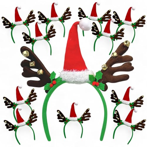 MIJOMA 12 Stück Haarreifen Weihnachten – Kopfschmuck mit Weihnachtsmütze und Rentiergeweih – Bequemer Plüsch und Filz – Ideal für Weihnachtsfeiern und Kostümpartys